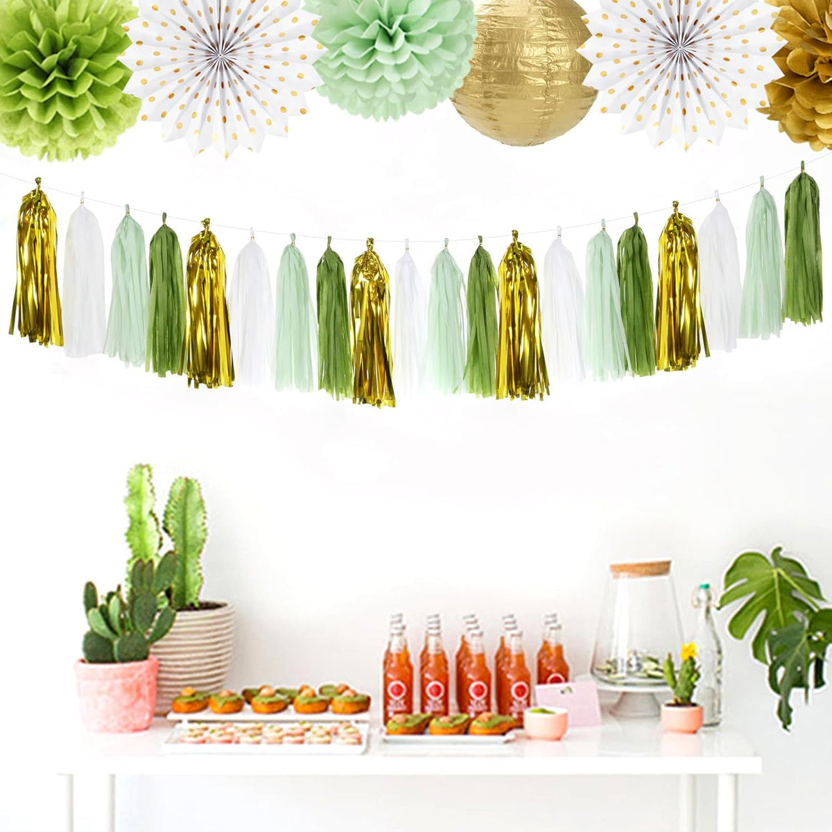 Sage-Olive Green Gold Party-Decorations Tassel-Garland - 20pcs Rustic Wedding Baby Shower Tassels