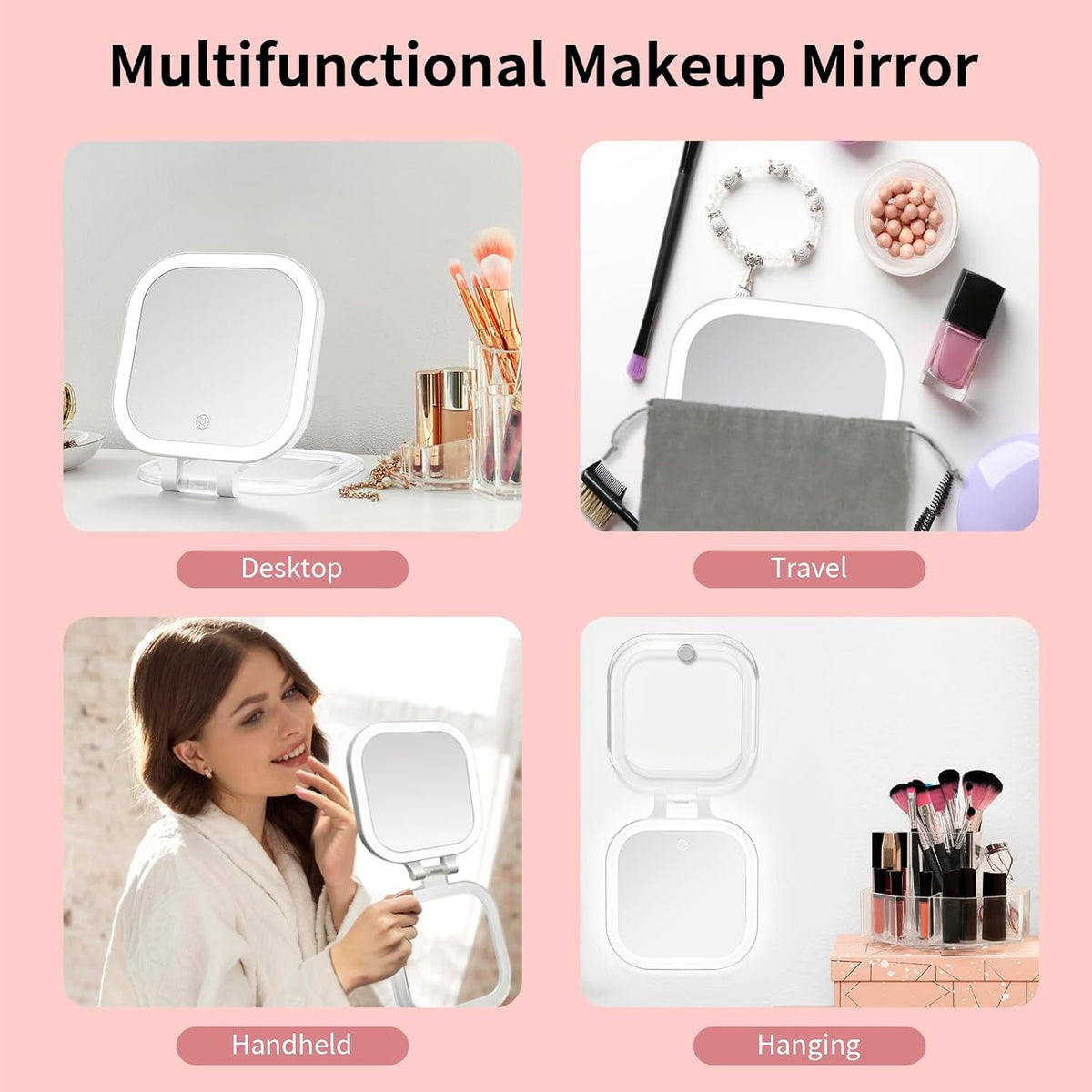 DESCHEN Rechargeable Travel Makeup Vanity Mirror with Lights and Magnification, Portable 1X/10X