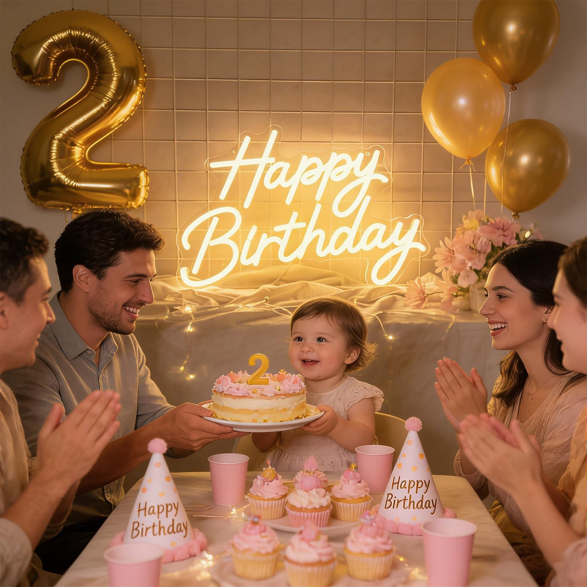 Happy Birthday Neon Sign for Wall Decor, Dimmable LED Light Up Sign