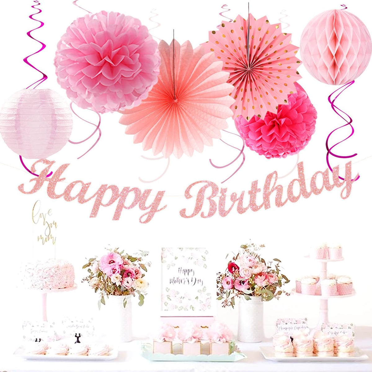 Light Hot Pink Birthday Party-Decorations - 21pcs Girl Happy Banner,Paper Lanterns Honeycomb,Tissue