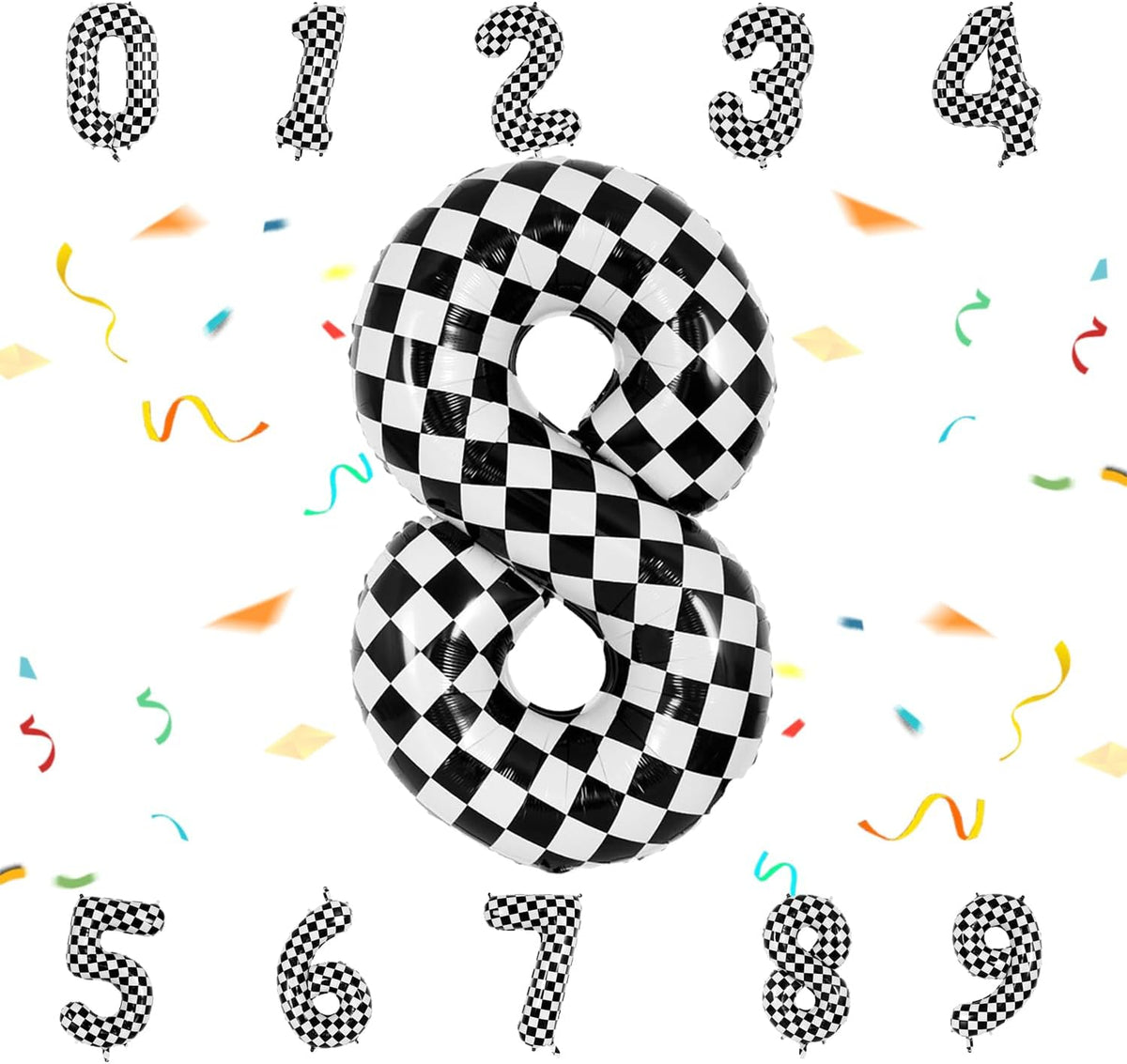40 Inch Checkered Number 8 Balloon - Race Flag Pattern Big Helium Balloon for Birthday Party