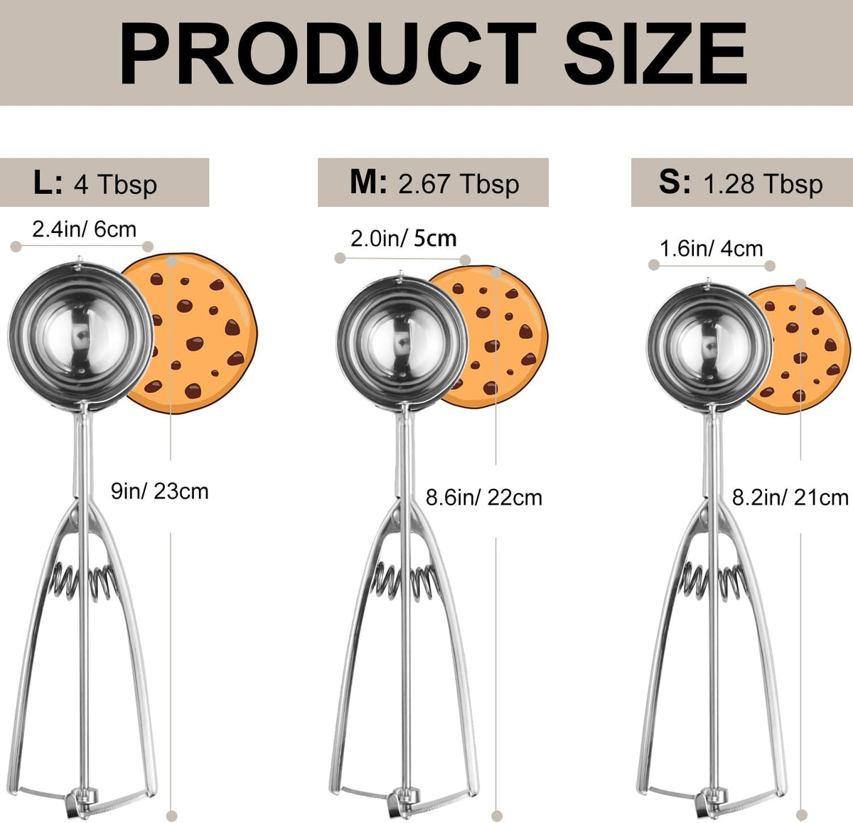 Cookie Scoop Set, Cookie Scoops for Baking Set of 3, Cookie Dough Scoops, Silver, Include