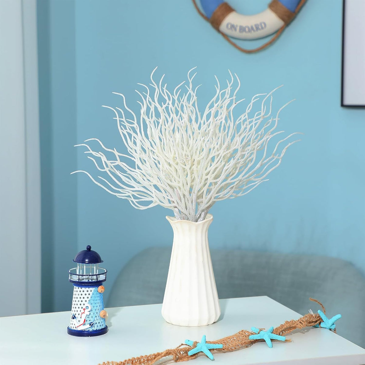 8 Pcs White Coastal Ornaments for Christmas Tree 15.7inch Glitter Coral Beach Ocean Spray Pick