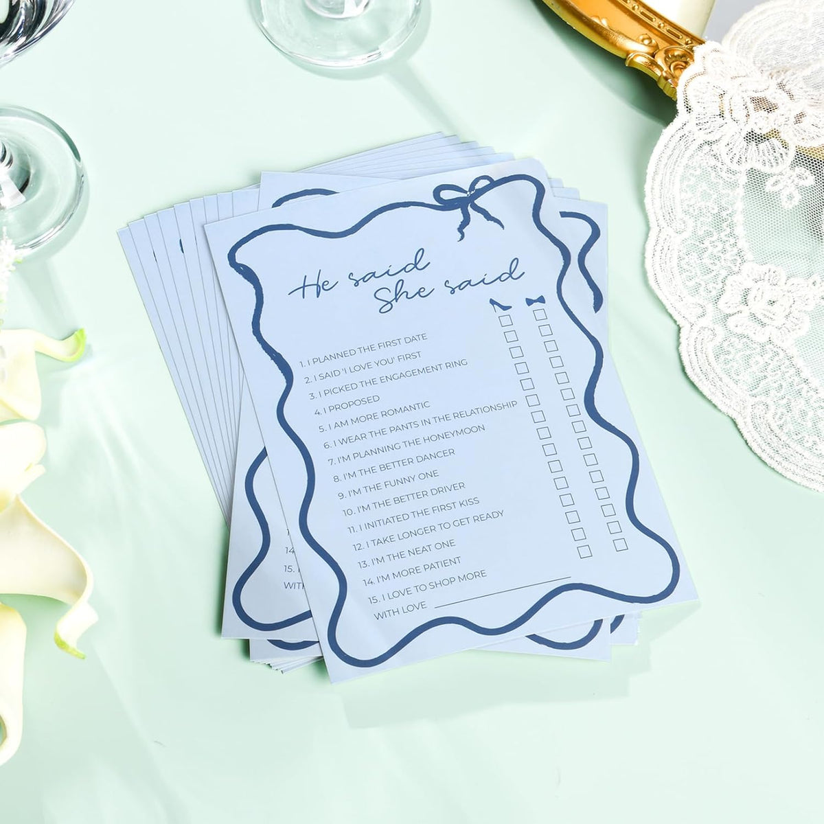 DEEKA 30 PCS Bridal Shower Games Card for 30 Guests Blue Wavy Border Ribbon Bow Funny Wedding