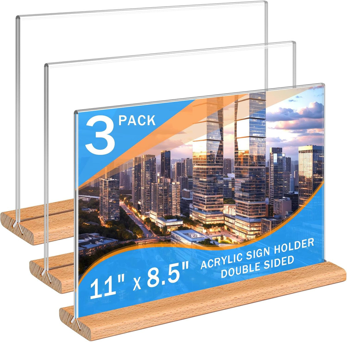 Kersally Acrylic Sign Holder 11 x 8.5'', 3 Pack Double-Sided Clear Table Display Stands with Wood