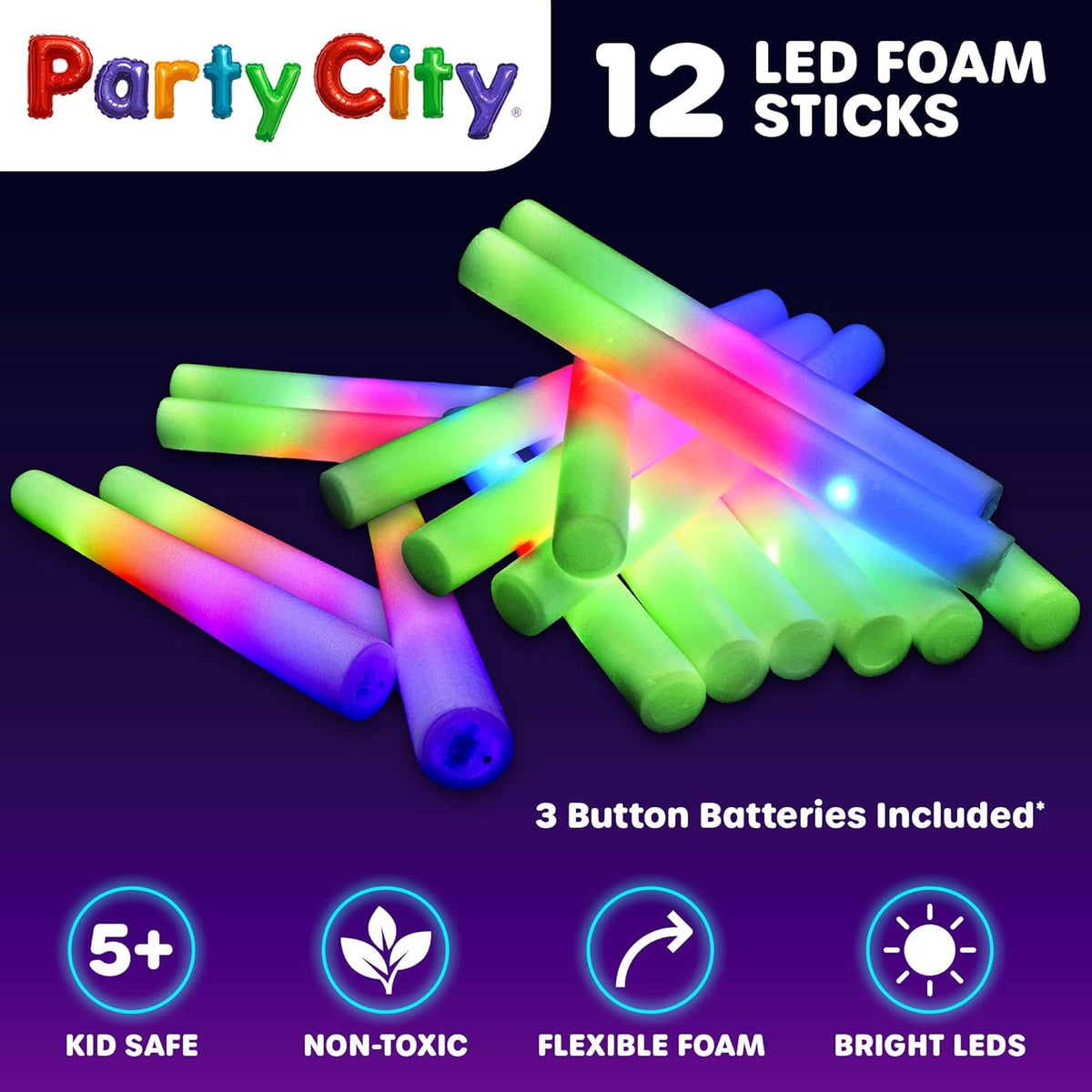 Party City 12pk LED Foam Glow Sticks 14”- Glow in the Dark Party Supplies Favors, Colorful Flashing