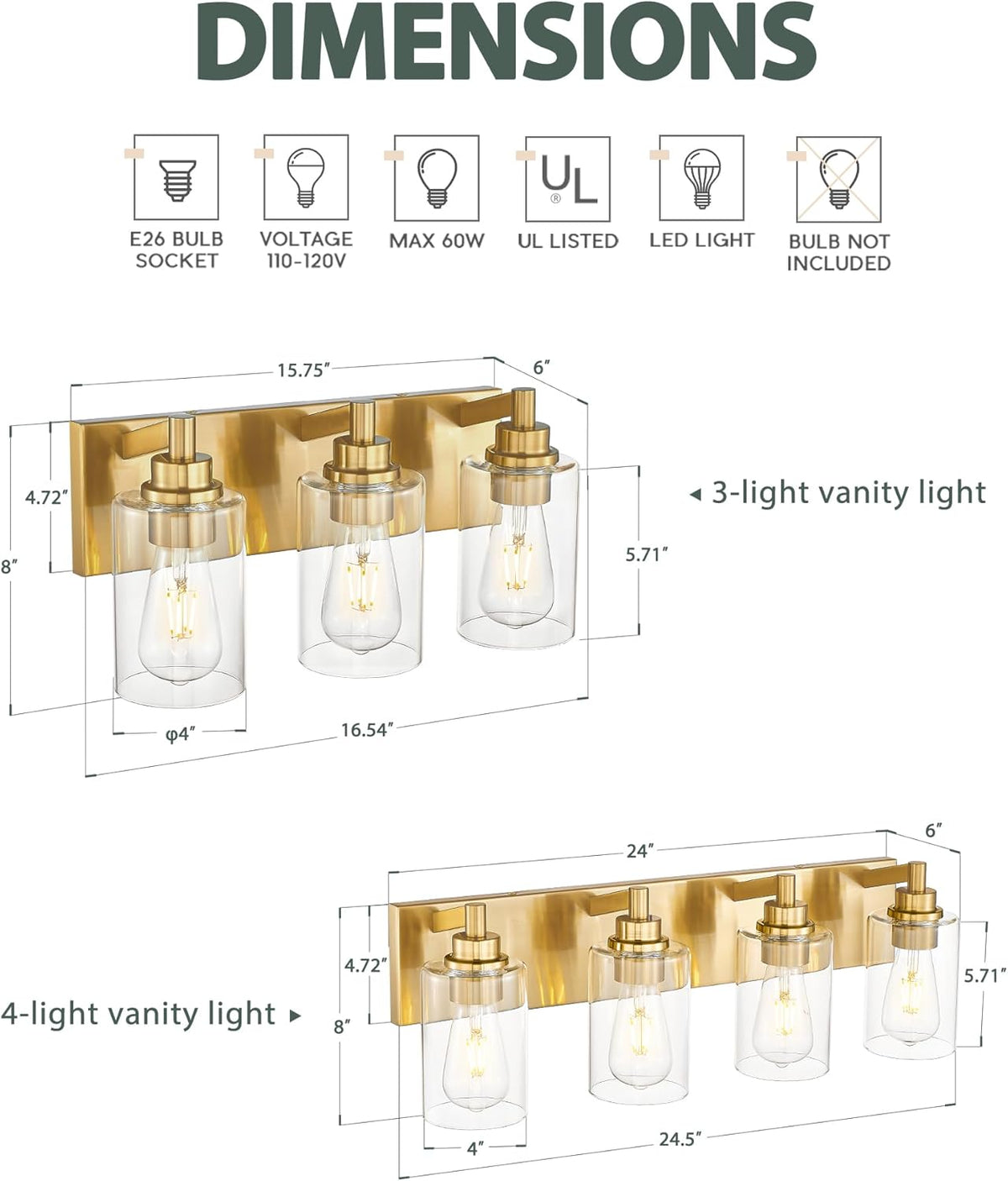 4-Light Bathroom Light Fixtures, Brushed Gold Vanity Light with Cylinder Clear Glass Shade, Modern
