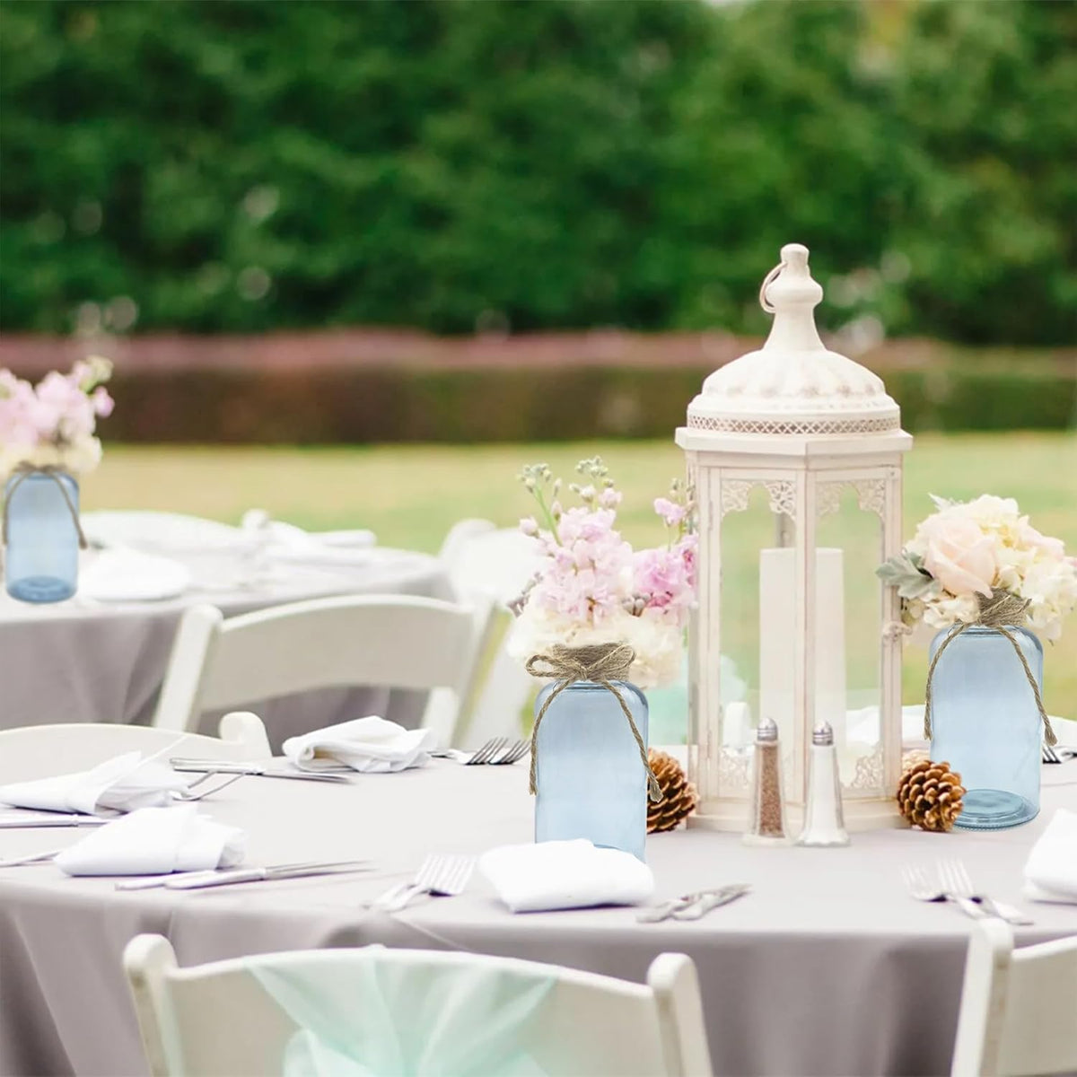 Vintage Glass Flower Vase，12 Pack Blue Farmhouse Glass Centerpiece Vases Mason Jars for Weddings