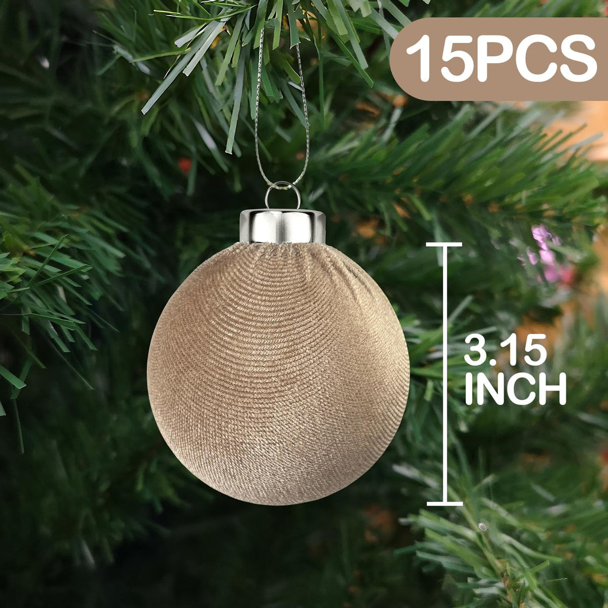 Brown Velvet Christmas Ornaments for Tree 15 PCS, Big Neutral Flocked Christmas Balls Ornaments