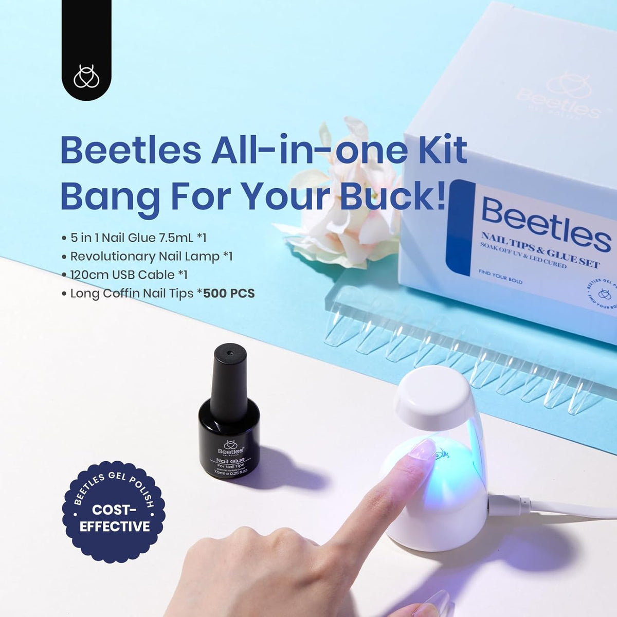 Beetles Gel Nail Kit Easy Nail Extension Set with 500Pcs Nail Tips Coffin Shape 5 In 1 Nail Glue