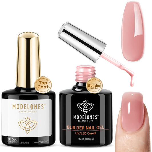 modelones Builder Nail Gel with Gel Top Coat, 8-In-One Nude Pink Builder Acid Free Top Coat for