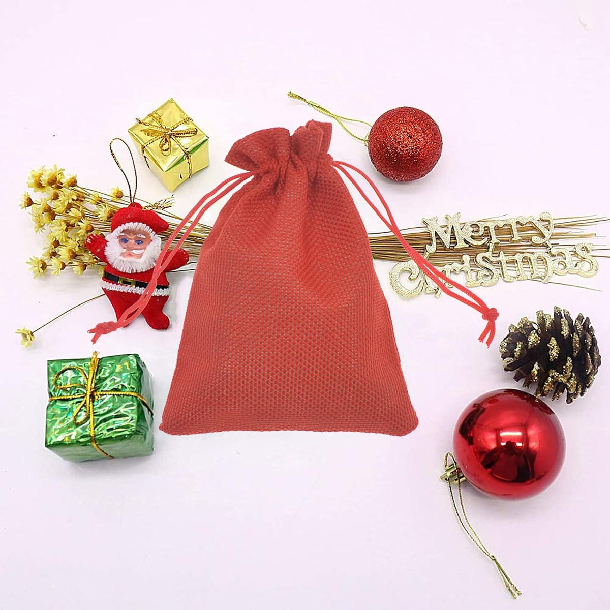 20Pcs Red Burlap Bags with Drawstring, Jute Sacks Jewelry Christmas Candy Pouch Wedding Party Favor