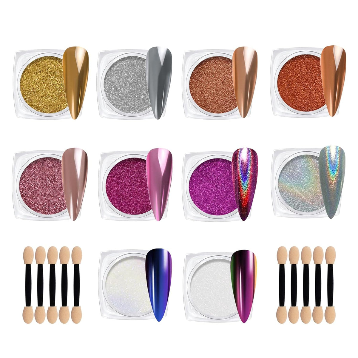 Chrome Nail Powder Kit: 10 Jars 8 Colors Metallic Mirror Effect 2 Colors Holographic Aurora