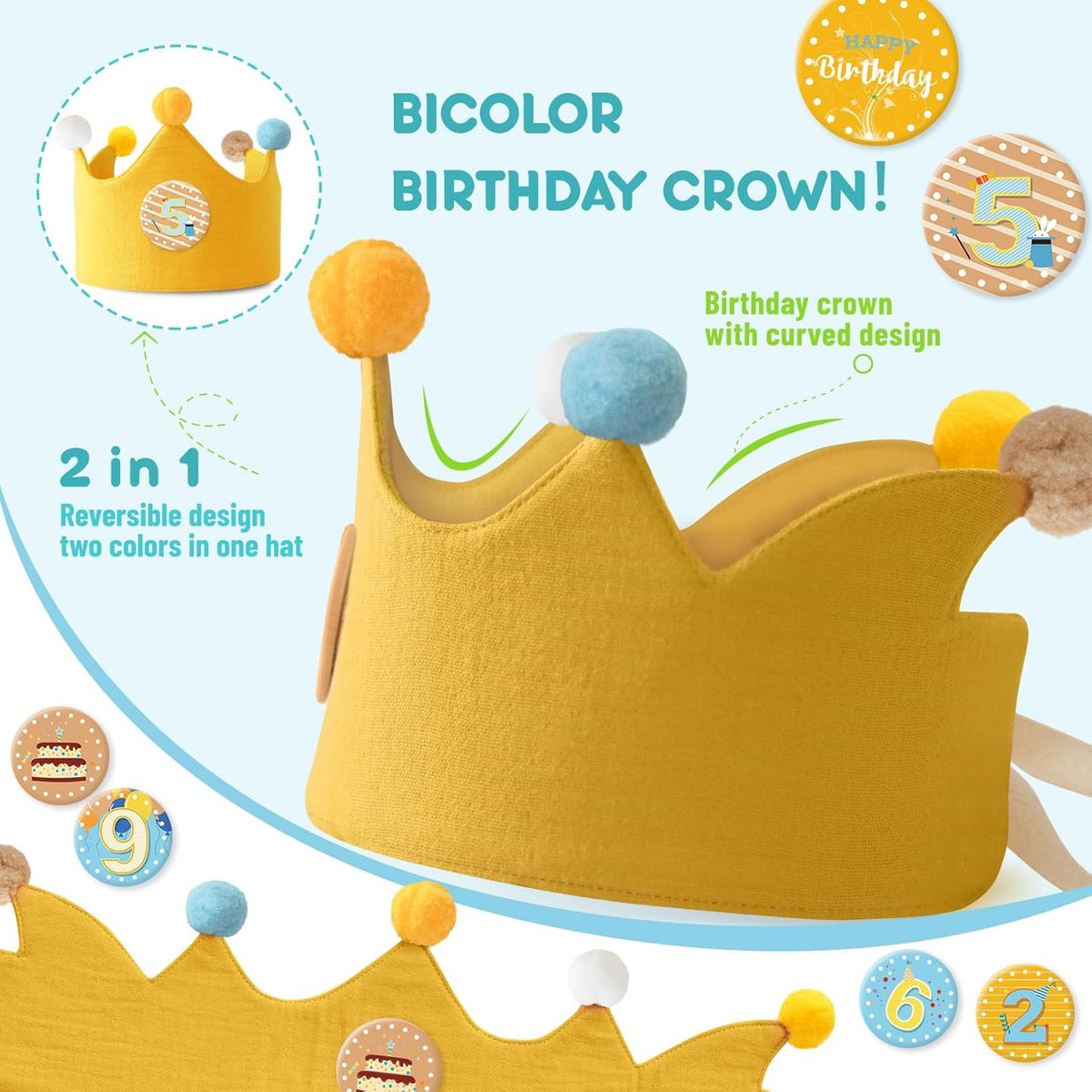 Reusable Birthday Crown with Numbers,Kids Birthday Hat Fabric Crown Pertain Kids Boy Toddler Girl