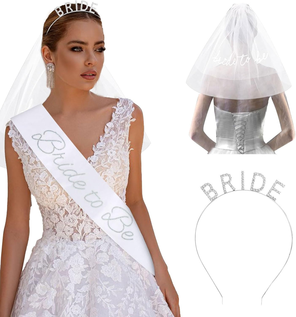 Rhinestone Bride Headband + Bride to Be Sash + Wedding Veil, Bridal Shower Gifts for Bachelorette