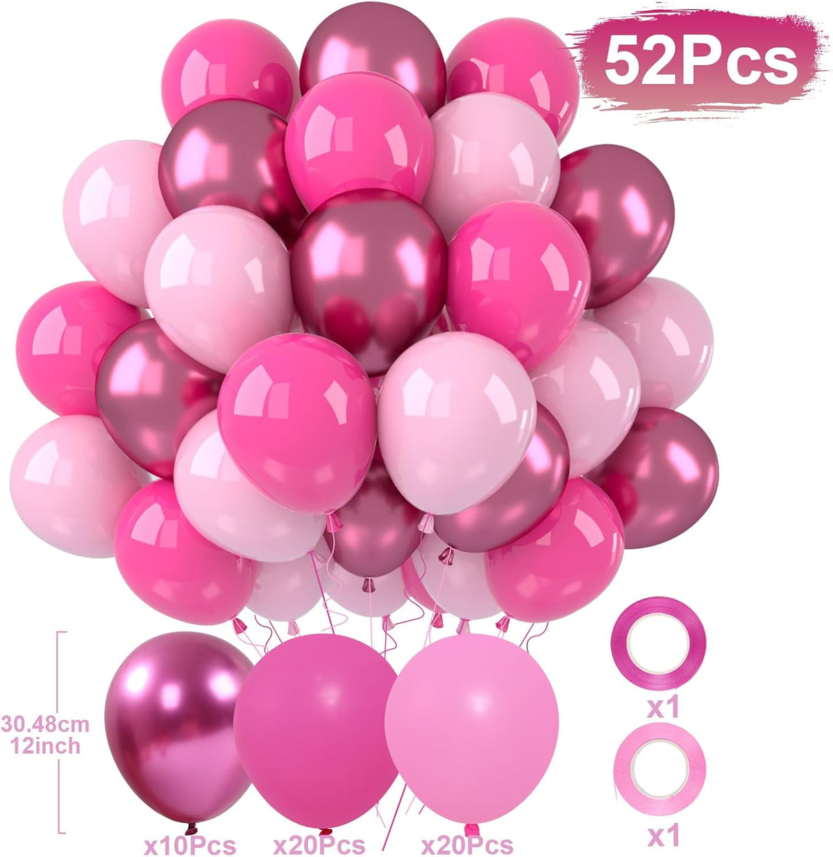 Patimate Pink Balloons Set, 50 pcs 12 inch Metallic Pastel Hot Pink Latex Balloons Kit for Girls