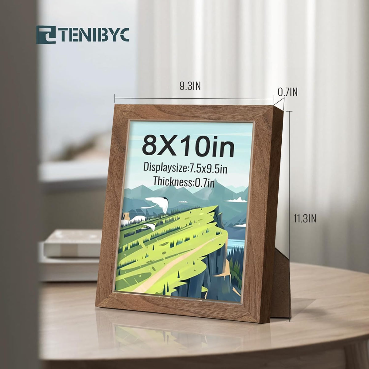 8x10 Picture Frame Set of 4, Brown Wood Grain, HD Tempered Glass, Natural Walnut Photo Frame, Table