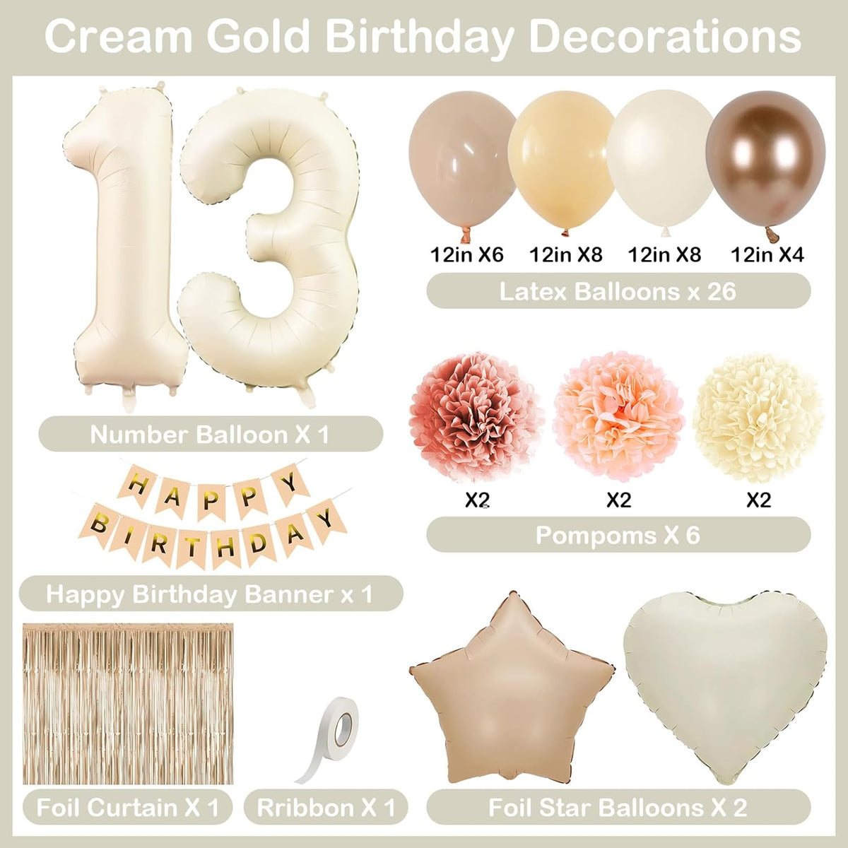 Beige 13th Birthday Decorations Girls Boys Cream Number 13 Balloon Nude Gold Happy Birthday Banner