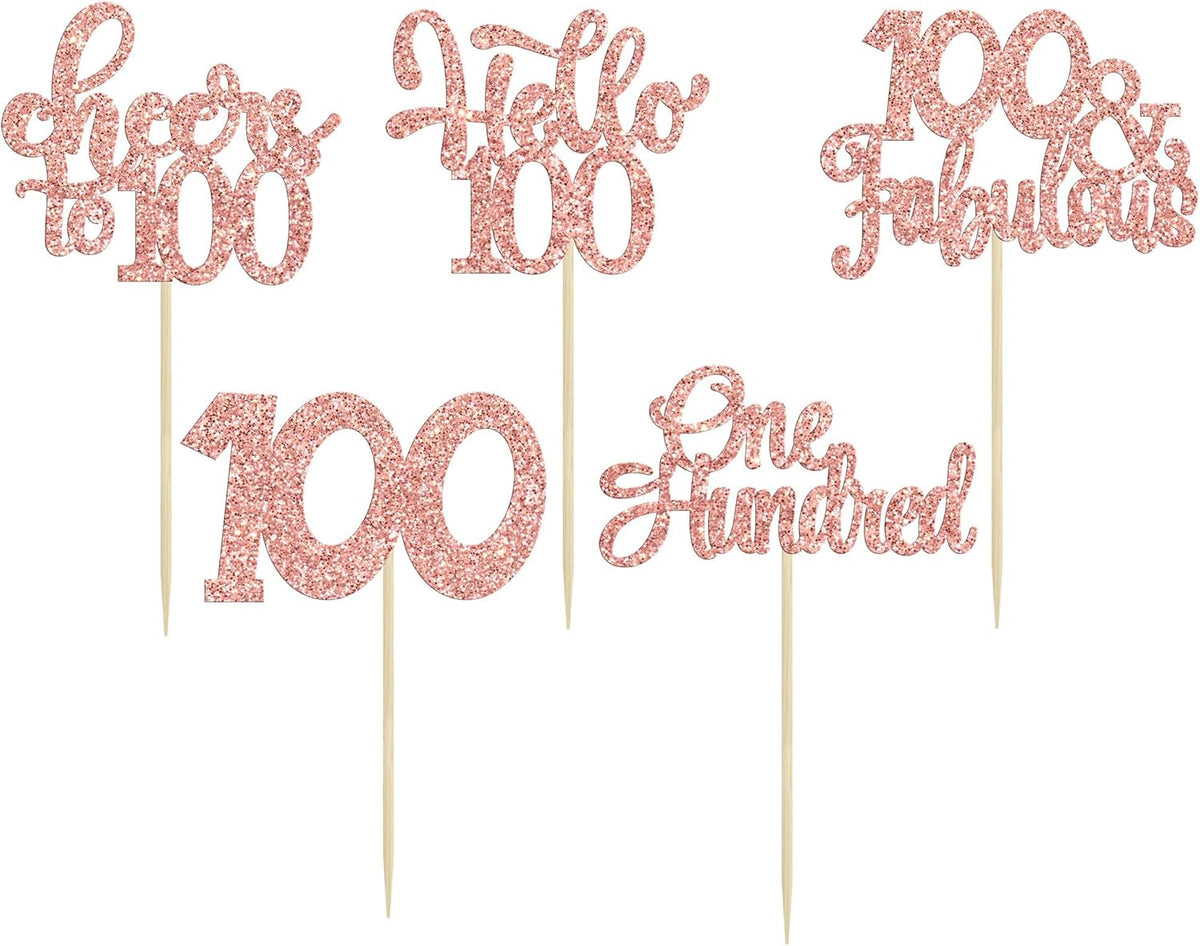 30pcs Happy 100th Birthday Cupcake Toppers - Rose Gold Glitter One Hundred Cheers to 100 Years Old