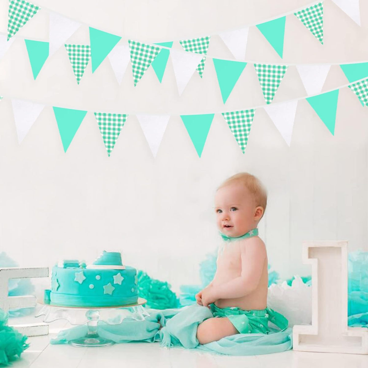 32Ft Aqua Green Plaid Checkered Party Banners Gingham Triangle Pennant Flag Bunting Fabric Garland