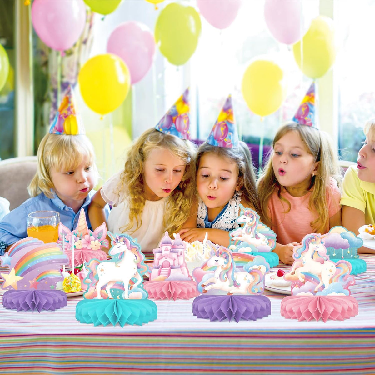 Unicorn Birthday Party Supplies Set - Rainbow Table Decorations with Honeycomb Centerpiece for