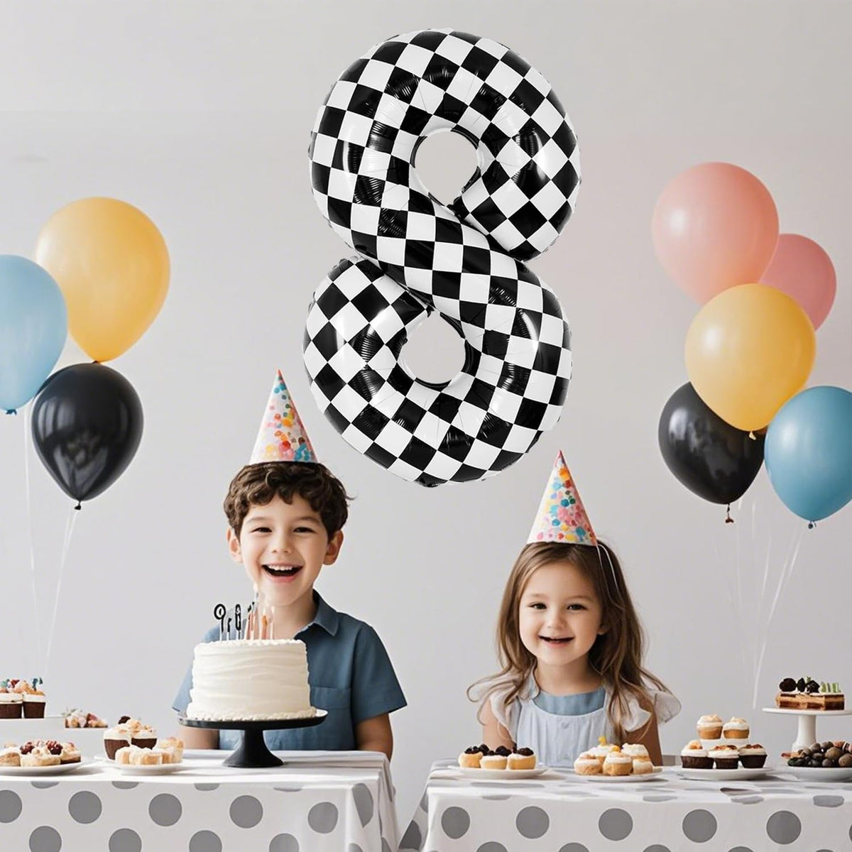 40 Inch Checkered Number 8 Balloon - Race Flag Pattern Big Helium Balloon for Birthday Party
