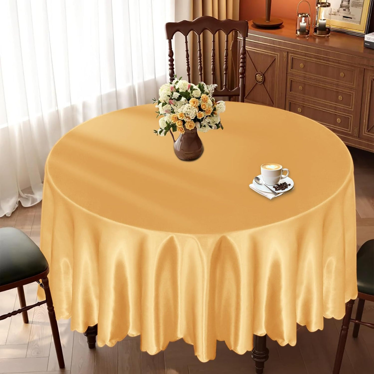 KKJIAF 1 Pack 60 Inch / 5ft Round Table Cloth, Gold Overlay Round Satin Table Cover, Silky Satin