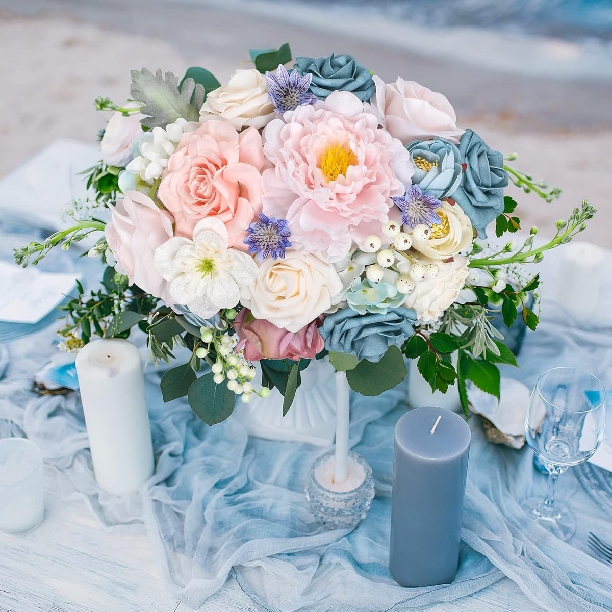 AmyHomie Blue Pink Artificial Flowers Combo Silk Mix Peony Rose Hydrangea Daisy Fake Flowers w/Stem