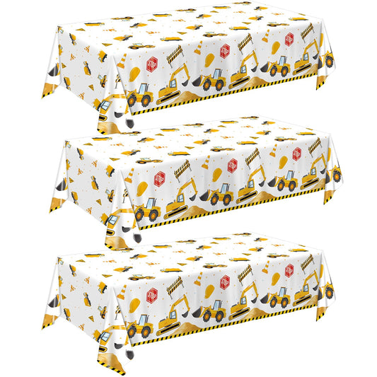 QIYANPAX 3 Pack Construction Plastic Birthday Party Tablecloths, 54 x 108 Inches - Truck Excavator