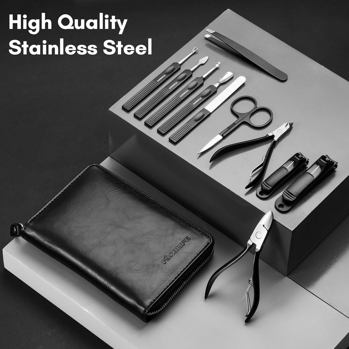FAMILIFE Professional Manicure Set, Manicure Kit, Nail Clippers Set, 11 in 1 Stainless Steel Black