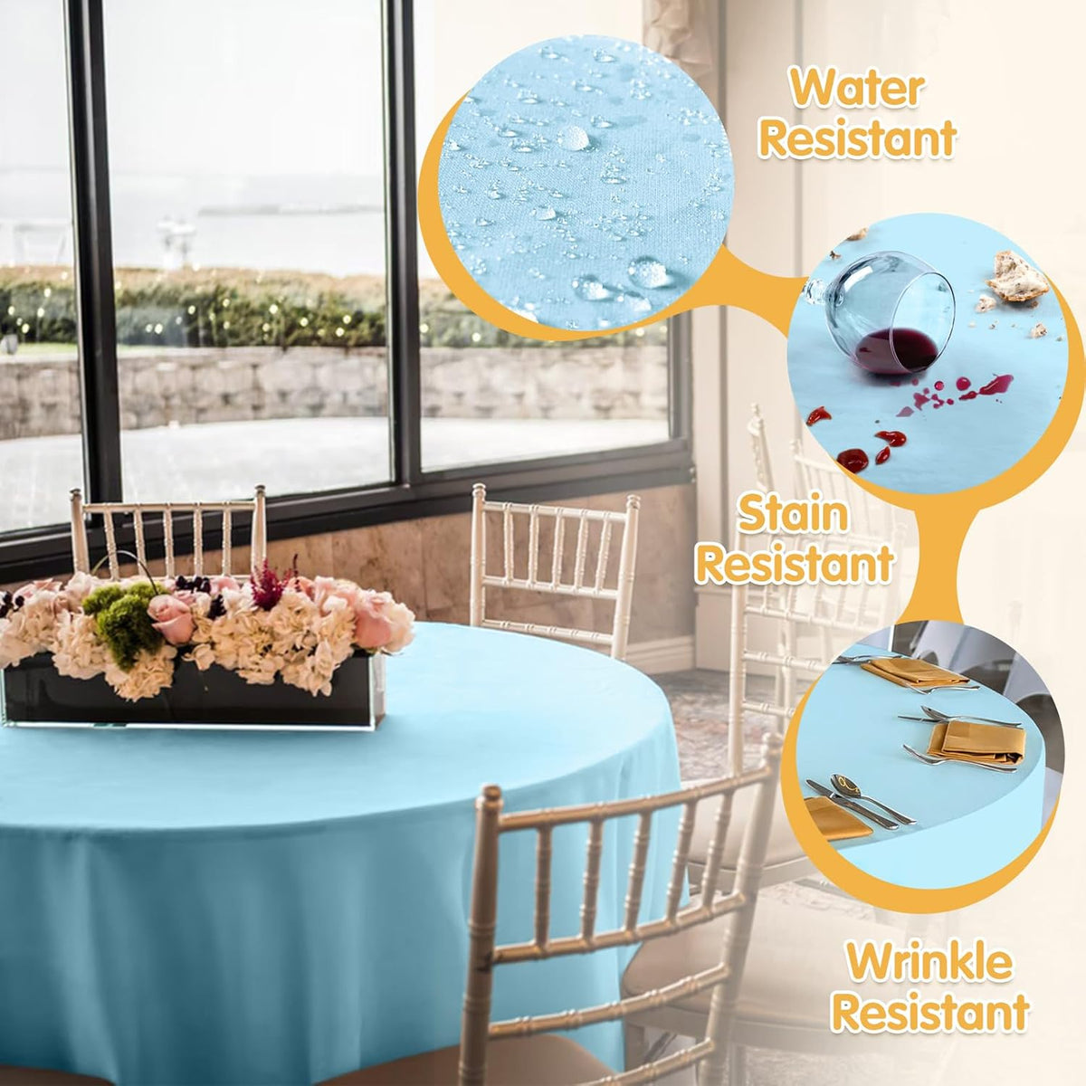BRILLMAX 6 Pack Light Blue Round Tablecloths 120 Inch - Circle Bulk Linen Polyester Fabric Washable