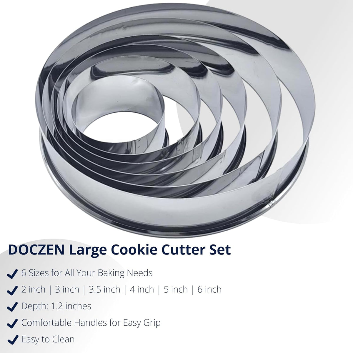 DOCZEN 6 PCS Round Cookie Cutter Set (2, 3, 3.5, 4, 5, 6 Inch) - Biscuit Cutters For Baking - Large