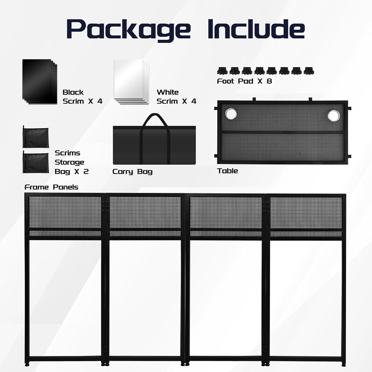 Portable DJ Booth 40" x 20", DJ Facade Table with Black/White Light Scrims, Foldable DJ Stand for