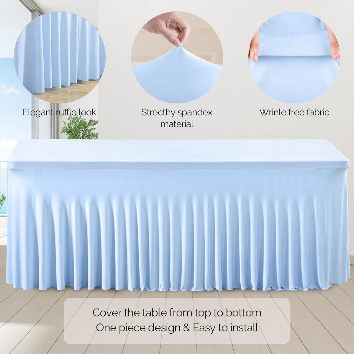 2 Pack Baby Blue Spandex Table Clothes for 6 Foot Rectangle Tables, 6FT Wrinkle Free Fitted