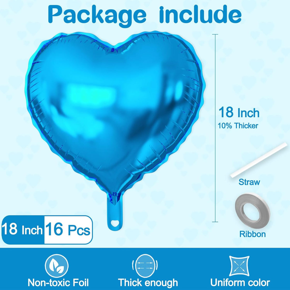 16 Pcs Heart Balloons, 18 Inch Blue Love Heart Shaped Foil Balloons for Wedding Anniversary