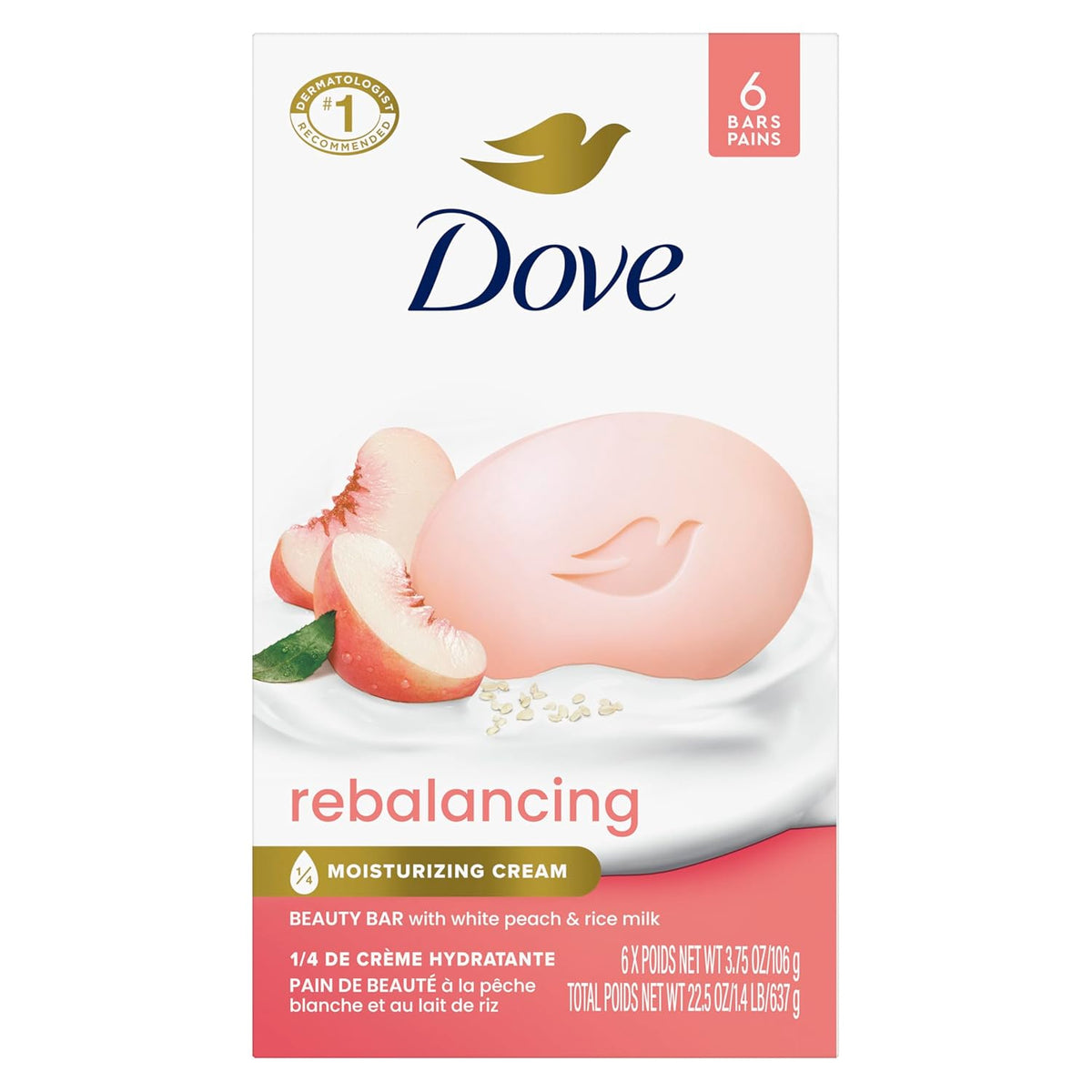 Dove Beauty Bar Soap Rebalancing White Peach & Rice Milk 6 Count for a Nourished and Moisturized