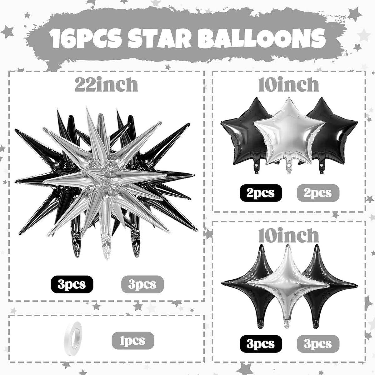 Black Silver Star Balloon,16Pcs Star Foil Balloons Set with 22Inch Explosion Spike Cone Balloons