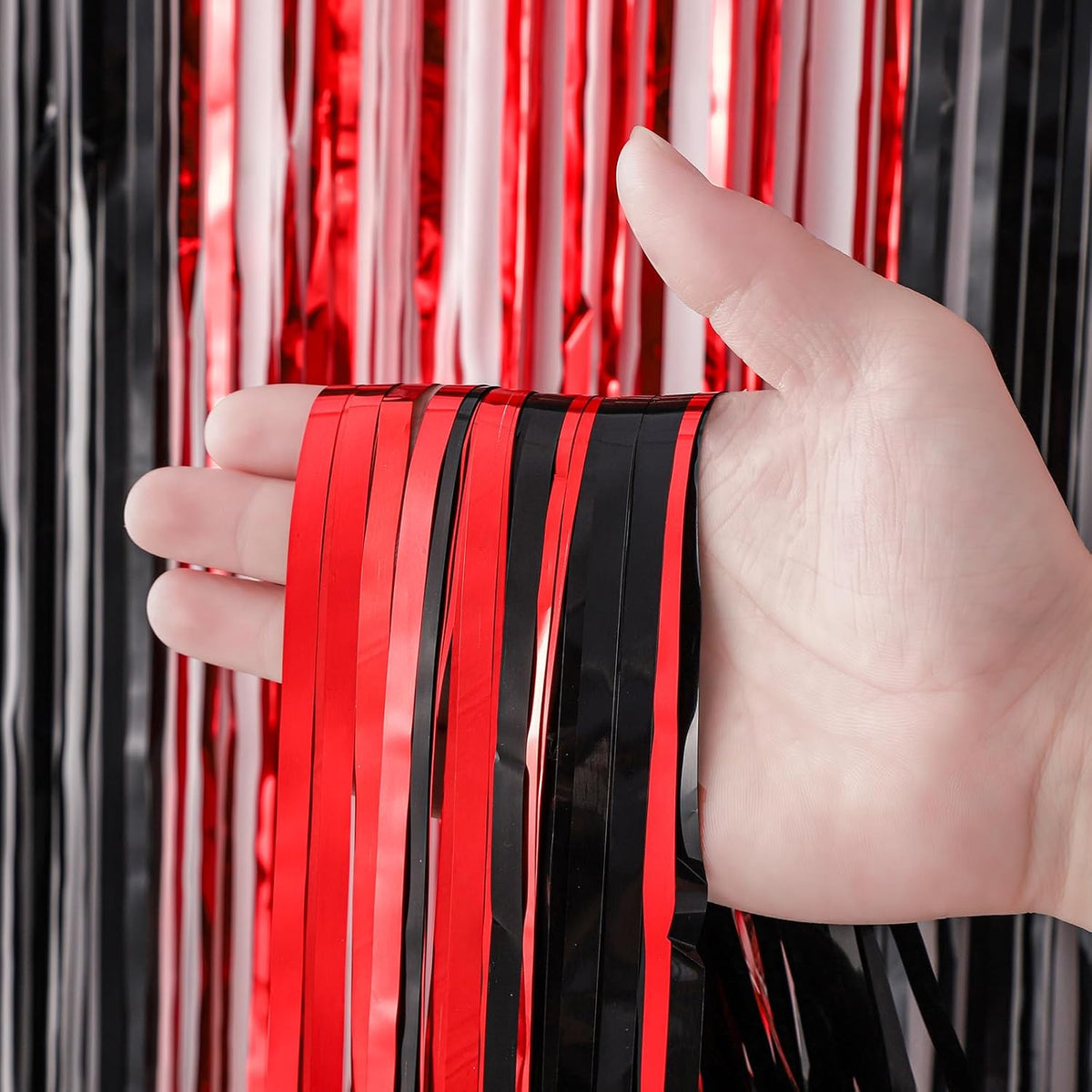 2 Pack Red and Black Tinsel Foil Fringe Curtains, Red and Black Party Decorations, Metallic Tinsel