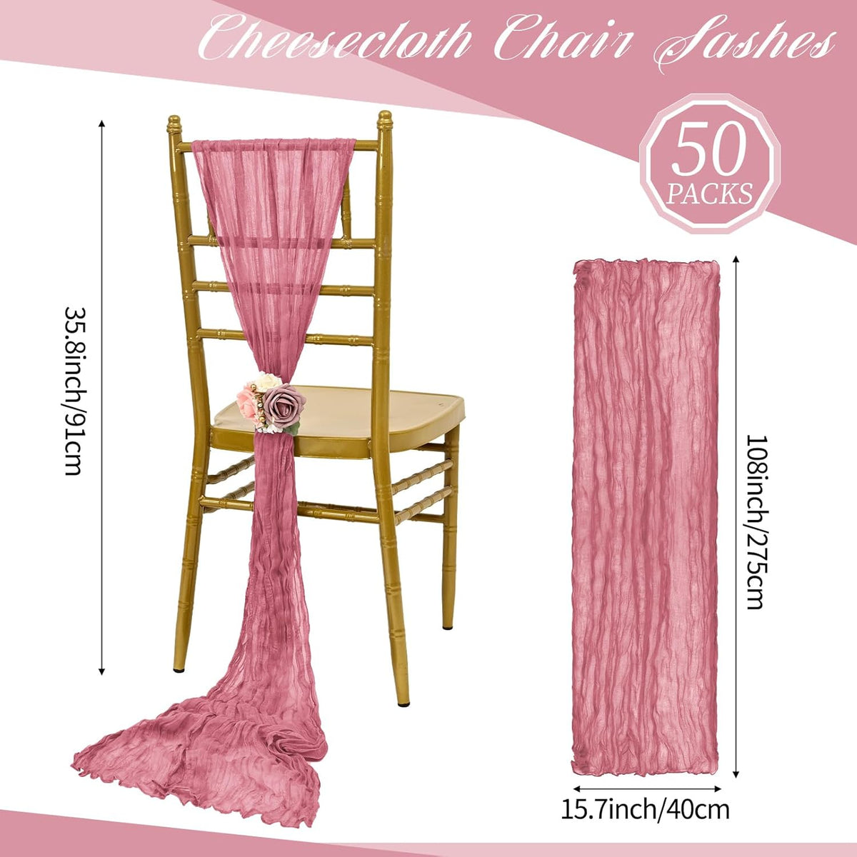50 PCS Cheesecloth Chair Sashes, Bows Designed ChairSashes, 15.7x108 inch Chair Sashes for Aisle