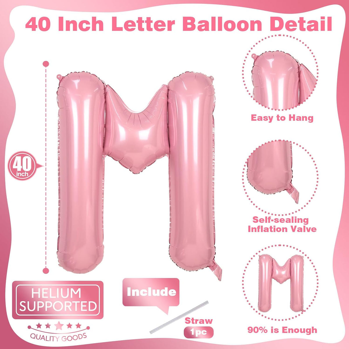 40 Inch Pastel Pink Letter Balloon, Giant Alphabet M Foil Balloons Baby Pink, Self Inflating