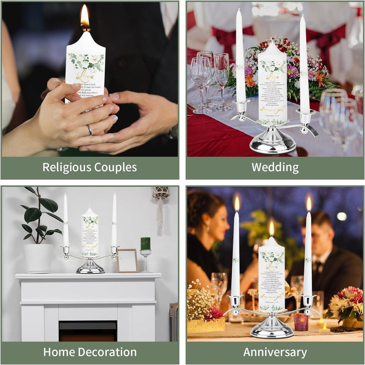 3 Unity Floral Candles for Wedding Ceremony Set with Silver Holder, Wedding Accessories for