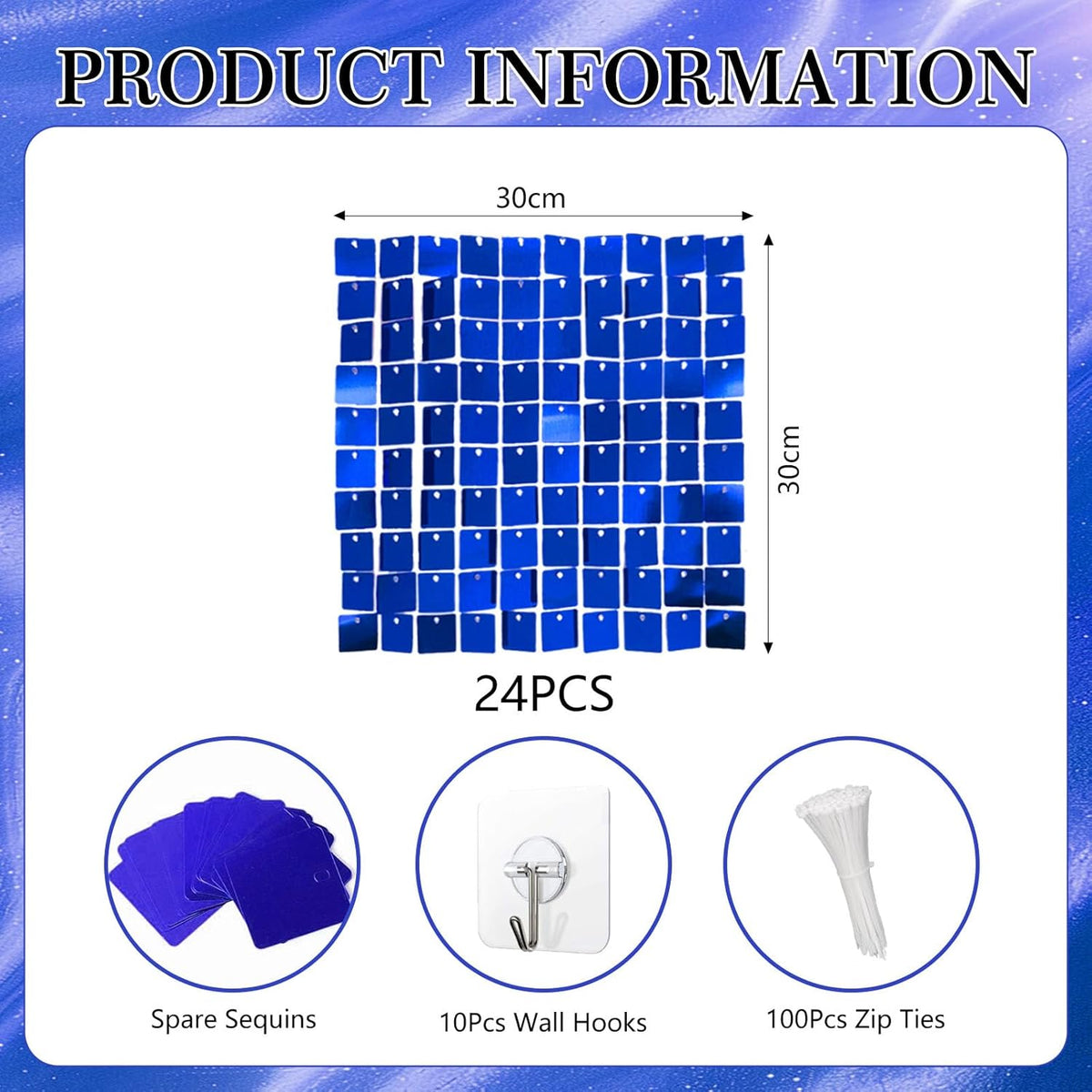 24PCS Blue Shimmer Wall Backdrop, Square Sequin Backdrops Panel, Glitter Wall Background for
