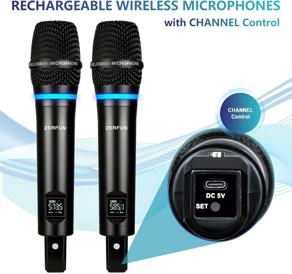 2 Channel Rechargeable Wireless Microphone System, Pro UHF Metal Handheld Wireless Microphones
