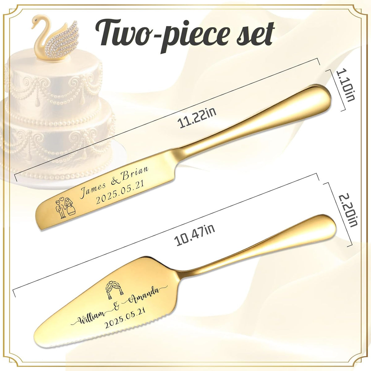 Custom Wedding Cake Knife and Server Set Personalized Cake Cutter with Engraved Text Bridal Cake