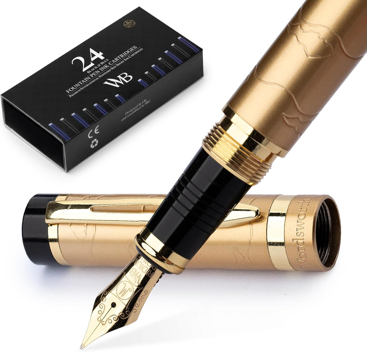 Wordsworth & Black Primori Fountain Pen Set [Stunning Gold]; Medium Nib, Gift Case, 24 Ink