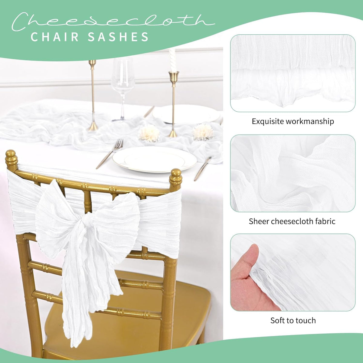 50 PCS Cheesecloth Chair Sashes, Bows Designed ChairSashes, 15.7x70 inch Chair Sashes for Aisle