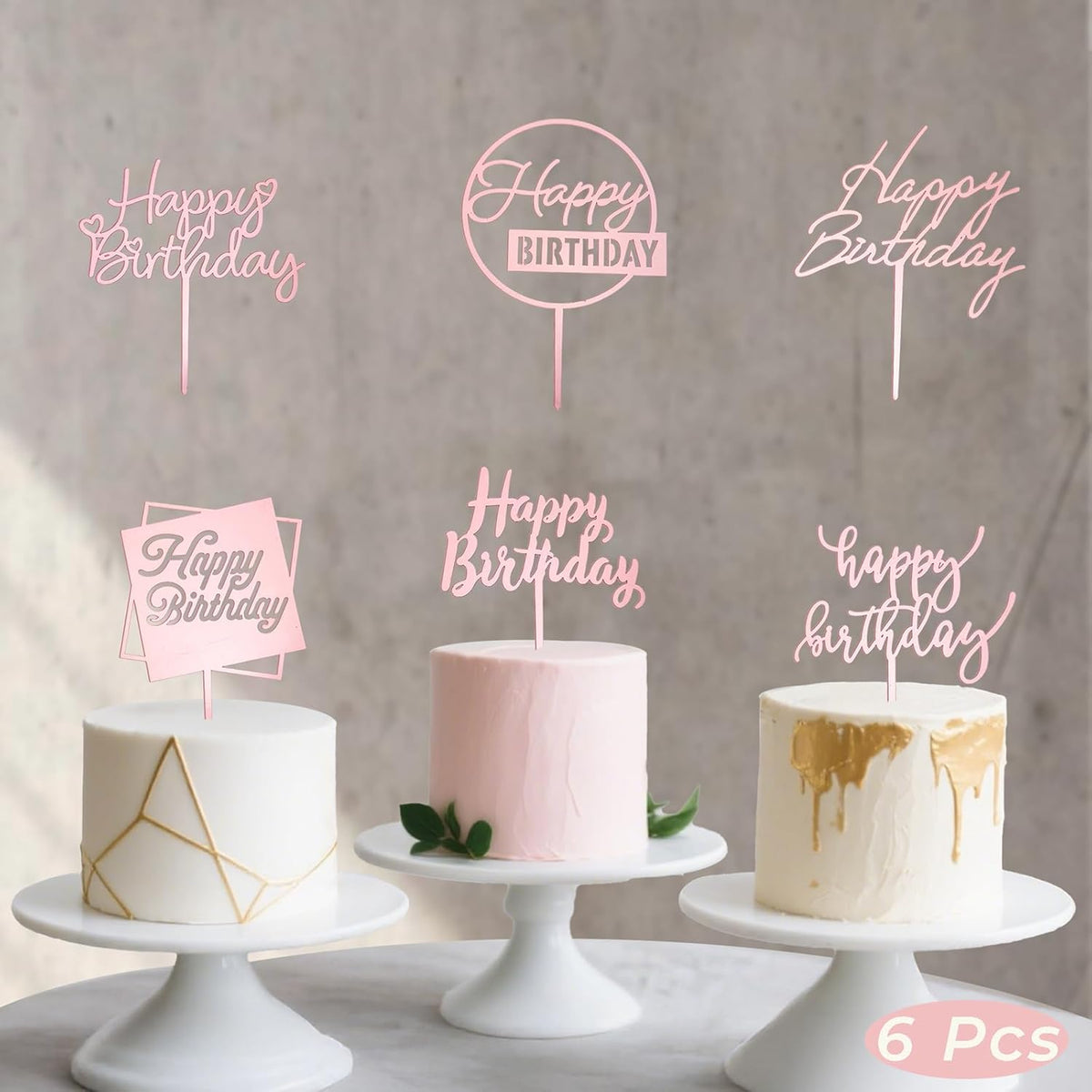 6-Pack Acrylic Birthday Cake Toppers, Minimalist Pink Happy Birthday Sign for Cake Decorations