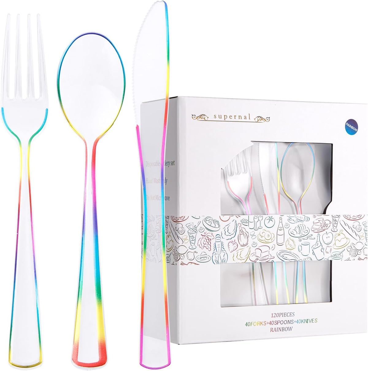 Supernal 120 PCS Clear Plastic Silverware Heavy Duty - Disposable Utensils Rainbow Colorful