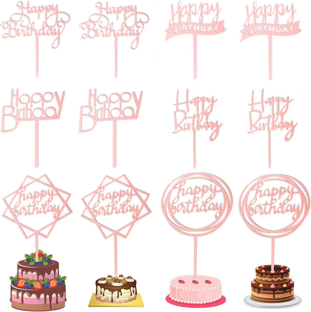 12 Pack Multi Styles Birthday Cake Topper Set, Acrylic Cake Bunting Decor Birthday Cake Picks Party