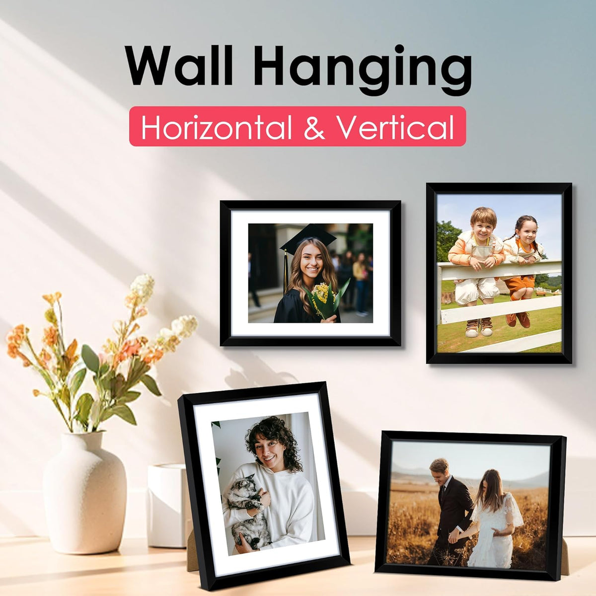 FIXSMITH 8.5x11 Picture Frame, Black Photo Frame with HD Plexiglass, Display Pictures 6x8 with Mat